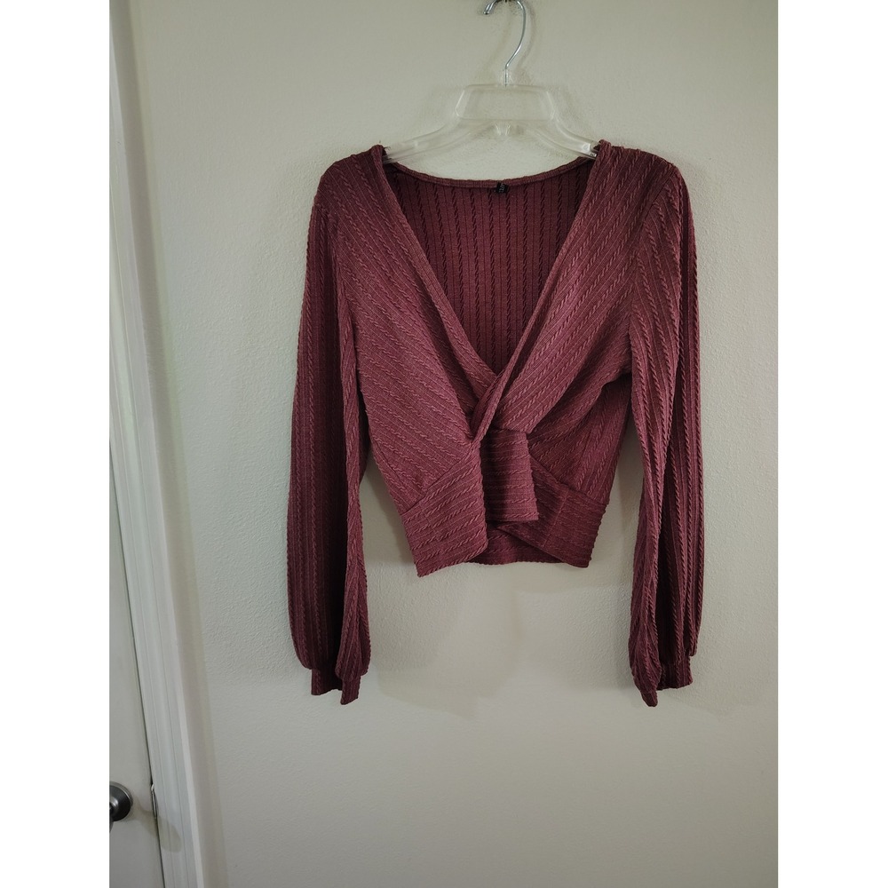 Zaful Mauve Cable Knit Crop Top Surplice V-Neck Long Sleeve Sweater S